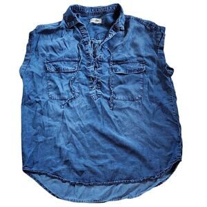 Jessica Simpson Womens Tunic Top Size L Blue Chambray Sleeveless Cuffed High-Low